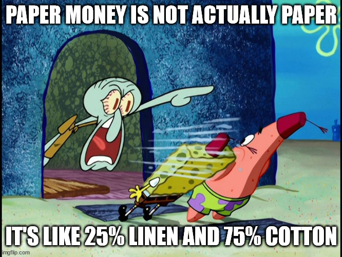 rare scenario where i use the impact font | PAPER MONEY IS NOT ACTUALLY PAPER; IT'S LIKE 25% LINEN AND 75% COTTON | image tagged in squidward screaming | made w/ Imgflip meme maker