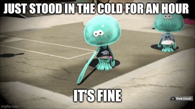 Welp | JUST STOOD IN THE COLD FOR AN HOUR; IT'S FINE | image tagged in welp | made w/ Imgflip meme maker