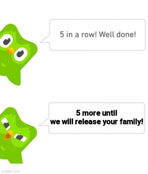 im almost done freeing my familia | 5 more until we will release your family! | image tagged in duolingo 5 in a row | made w/ Imgflip meme maker