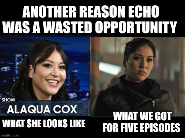 Echo wasted a face | ANOTHER REASON ECHO WAS A WASTED OPPORTUNITY; WHAT WE GOT FOR FIVE EPISODES; WHAT SHE LOOKS LIKE | image tagged in marvel | made w/ Imgflip meme maker