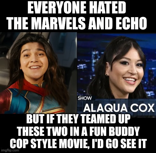 Someone call Bob Iger | EVERYONE HATED THE MARVELS AND ECHO; BUT IF THEY TEAMED UP THESE TWO IN A FUN BUDDY COP STYLE MOVIE, I'D GO SEE IT | image tagged in marvel | made w/ Imgflip meme maker
