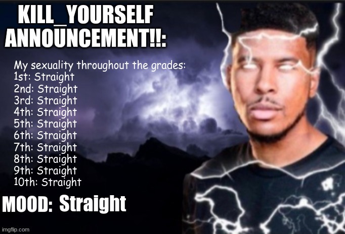 guess what i am now (hint: im not gay) | My sexuality throughout the grades:
1st: Straight
2nd: Straight
3rd: Straight
4th: Straight
5th: Straight
6th: Straight
7th: Straight
8th: Straight
9th: Straight
10th: Straight; Straight | image tagged in kill_yourself announcement | made w/ Imgflip meme maker