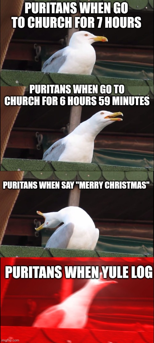 *sigh* and people wonder why I'm atheist | PURITANS WHEN GO TO CHURCH FOR 7 HOURS; PURITANS WHEN GO TO CHURCH FOR 6 HOURS 59 MINUTES; PURITANS WHEN SAY "MERRY CHRISTMAS"; PURITANS WHEN YULE LOG | image tagged in memes,inhaling seagull,why,oh god why | made w/ Imgflip meme maker