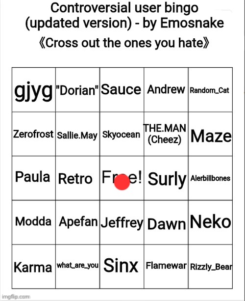 Controversial user bingo (updated version) - by Emosnake | image tagged in controversial user bingo updated version - by emosnake | made w/ Imgflip meme maker