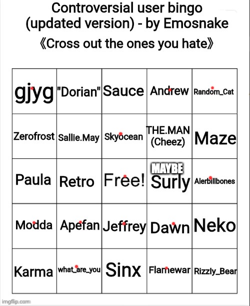 surly isnt as bad as andrew and he’s slightly funny and goofy | MAYBE | image tagged in controversial user bingo updated version - by emosnake | made w/ Imgflip meme maker
