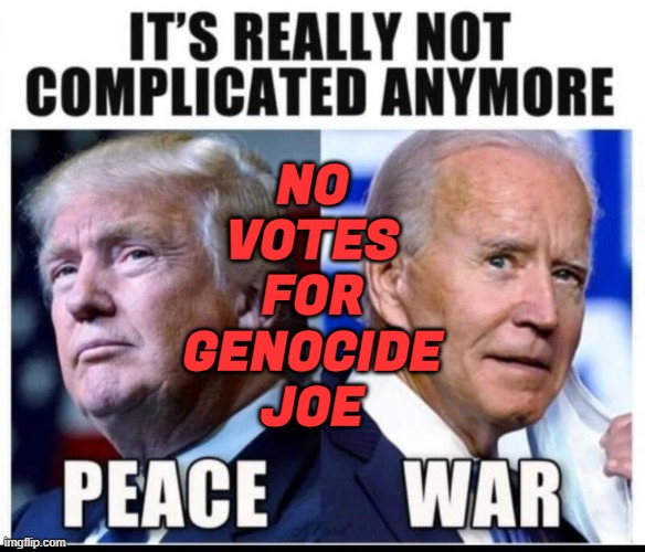 'No votes for Genocide Joe' | NO
VOTES
FOR
GENOCIDE
JOE | image tagged in trump 2024,creepy joe biden,donald trump approves,donald trump,election,sad joe biden | made w/ Imgflip meme maker