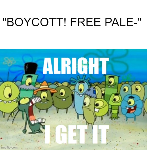 yea the genocide is bad but let me live man | "BOYCOTT! FREE PALE-" | image tagged in blank white template,alright i get it,palestine,boycott | made w/ Imgflip meme maker