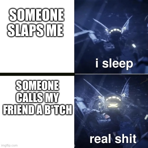Me kill them with my head | SOMEONE SLAPS ME; SOMEONE CALLS MY FRIEND A B*TCH | image tagged in murder drones | made w/ Imgflip meme maker