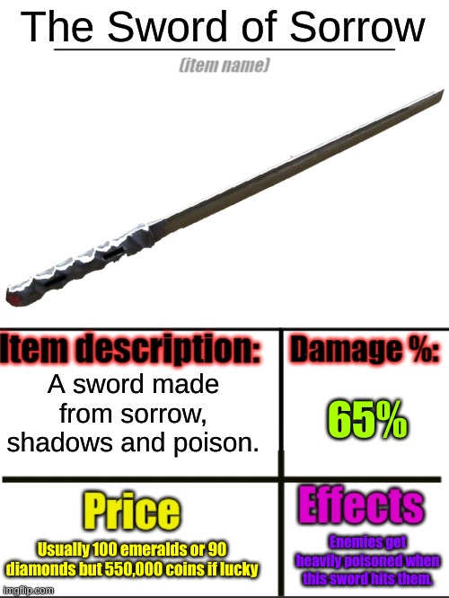 Item-shop extended | The Sword of Sorrow; A sword made from sorrow, shadows and poison. 65%; Usually 100 emeralds or 90 diamonds but 550,000 coins if lucky; Enemies get heavily poisoned when this sword hits them. | image tagged in item-shop extended | made w/ Imgflip meme maker