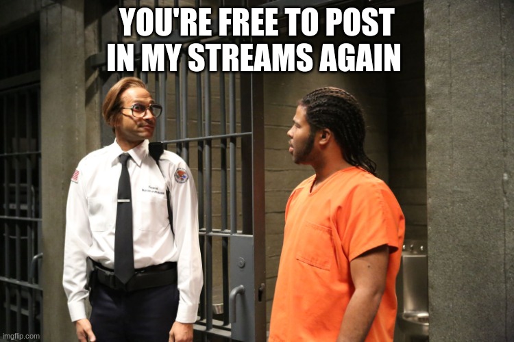 key and peele | YOU'RE FREE TO POST IN MY STREAMS AGAIN | image tagged in key and peele | made w/ Imgflip meme maker