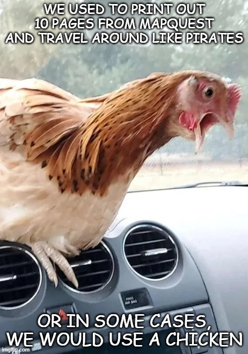 Are we there yet? | WE USED TO PRINT OUT 10 PAGES FROM MAPQUEST AND TRAVEL AROUND LIKE PIRATES; OR IN SOME CASES, WE WOULD USE A CHICKEN | image tagged in personal navigation assistant,chickens,chicken,chicken week,robot chicken | made w/ Imgflip meme maker