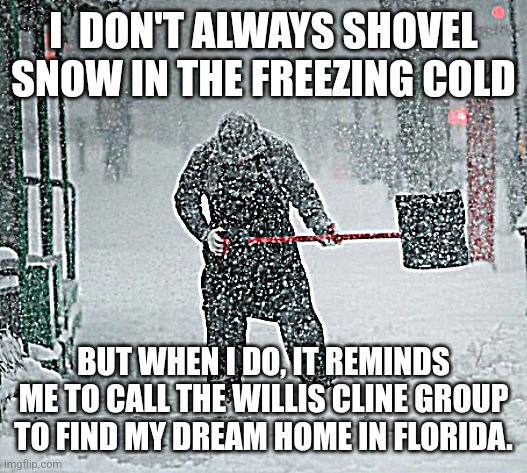 Too cold | I  DON'T ALWAYS SHOVEL SNOW IN THE FREEZING COLD; BUT WHEN I DO, IT REMINDS ME TO CALL THE WILLIS CLINE GROUP TO FIND MY DREAM HOME IN FLORIDA. | image tagged in real estate | made w/ Imgflip meme maker
