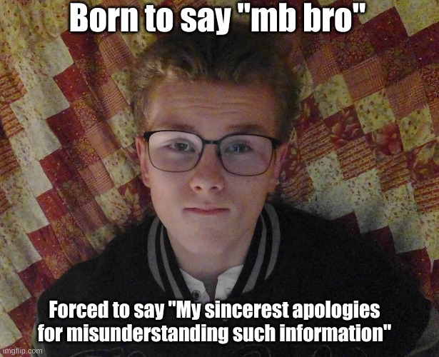Born to say "mb bro"; Forced to say "My sincerest apologies for misunderstanding such information" | made w/ Imgflip meme maker