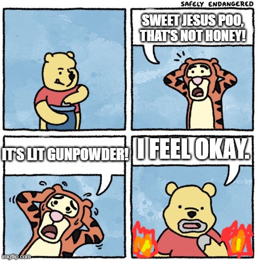 It's supposed to be fire but I can't draw :sob: | SWEET JESUS POO, THAT'S NOT HONEY! IT'S LIT GUNPOWDER! I FEEL OKAY. | image tagged in sweet jesus pooh | made w/ Imgflip meme maker