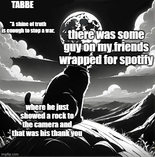 "uh idk what to say so heres this cool rock i found" | there was some guy on my friends wrapped for spotify; where he just showed a rock to the camera and that was his thank you | image tagged in tabbe moon cat temp thing | made w/ Imgflip meme maker