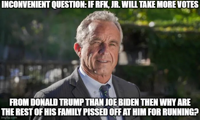 If RFK, Jr. will take more votes from Trump... | INCONVENIENT QUESTION: IF RFK, JR. WILL TAKE MORE VOTES; FROM DONALD TRUMP THAN JOE BIDEN THEN WHY ARE THE REST OF HIS FAMILY PISSED OFF AT HIM FOR RUNNING? | image tagged in robert f kennedy jr,liberal logic,politics | made w/ Imgflip meme maker