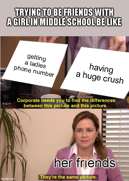 They're The Same Picture Meme | TRYING TO BE FRIENDS WITH A GIRL IN MIDDLE SCHOOL BE LIKE; getting a ladies phone number; having a huge crush; her friends | image tagged in memes,they're the same picture | made w/ Imgflip meme maker