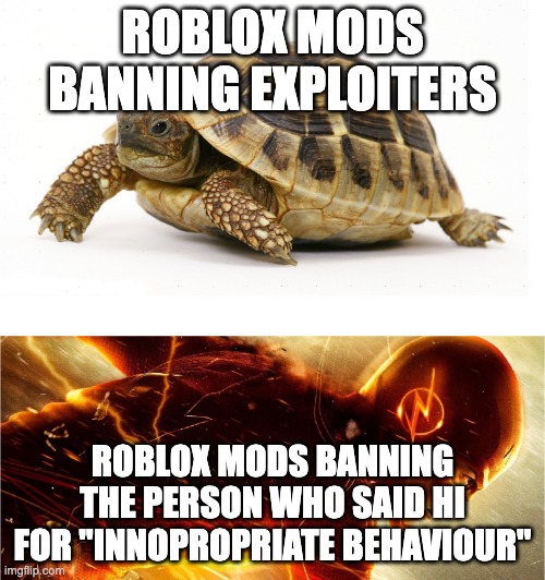 fax | ROBLOX MODS BANNING EXPLOITERS; ROBLOX MODS BANNING THE PERSON WHO SAID HI FOR "INNOPROPRIATE BEHAVIOUR" | image tagged in slow vs fast meme,roblox meme,banned from roblox | made w/ Imgflip meme maker