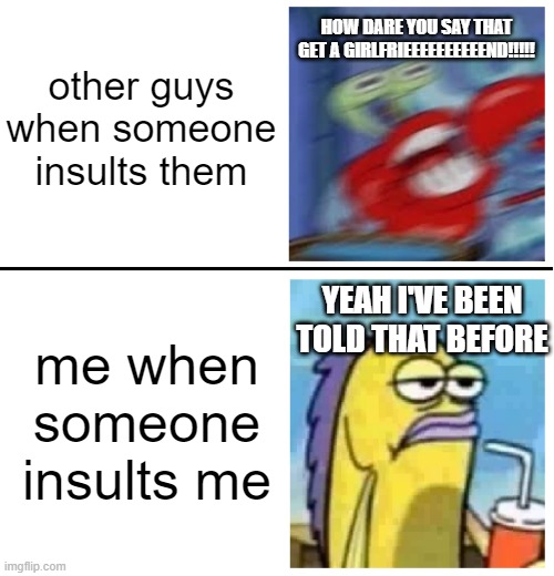 Excited vs Bored | other guys when someone insults them; HOW DARE YOU SAY THAT GET A GIRLFRIEEEEEEEEEEND!!!!! YEAH I'VE BEEN TOLD THAT BEFORE; me when someone insults me | image tagged in excited vs bored | made w/ Imgflip meme maker