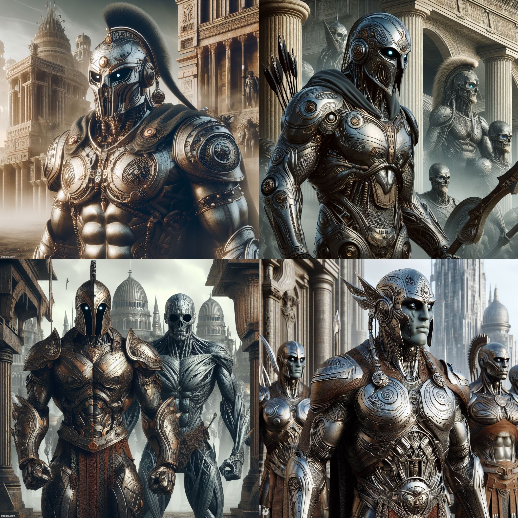 Ai Bing: Metal Skinned Nephilim, raider mercenary society of mutant clones based on Spartans, Vikings, and Aztecs. | image tagged in ai generated,giants,spartans,vikings,aztecs,raiders | made w/ Imgflip meme maker