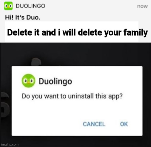 Duo uninstall | Delete it and i will delete your family | image tagged in duolingo | made w/ Imgflip meme maker