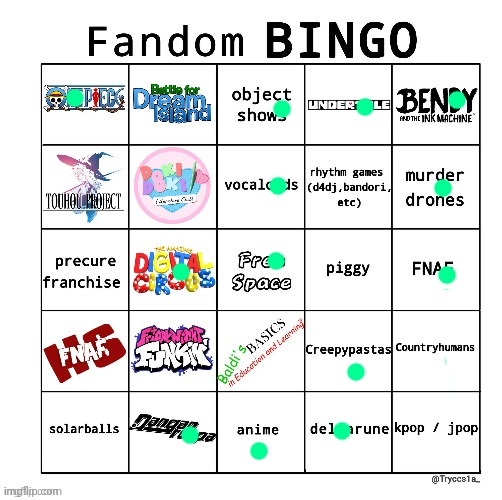 Fandom bingo | image tagged in bingo from tck | made w/ Imgflip meme maker