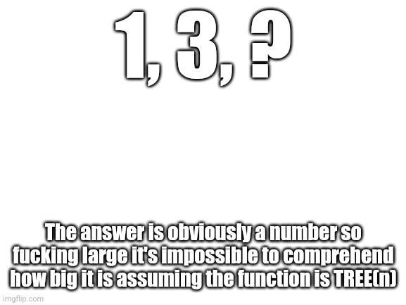 Lol | 1, 3, ? The answer is obviously a number so fucking large it's impossible to comprehend how big it is assuming the function is TREE(n) | image tagged in blank white template | made w/ Imgflip meme maker
