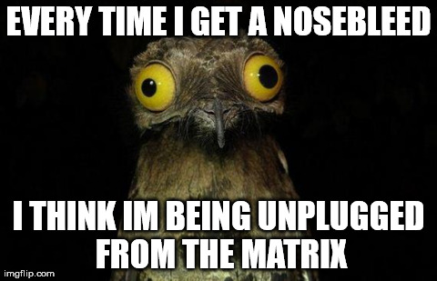 Weird Stuff I Do Potoo Meme | EVERY TIME I GET A NOSEBLEED I THINK IM BEING UNPLUGGED FROM THE MATRIX | image tagged in memes,weird stuff i do potoo,AdviceAnimals | made w/ Imgflip meme maker