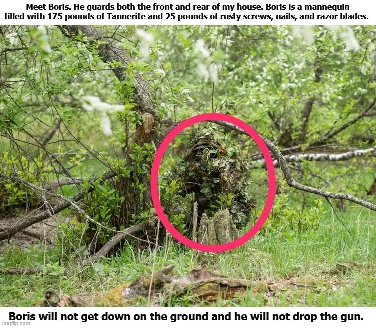 Meet Boris, my armed security guard. | image tagged in security guard,home security,ghillie suit,tannerite,close encounters,close enough | made w/ Imgflip meme maker