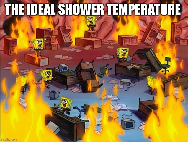 ? | THE IDEAL SHOWER TEMPERATURE | image tagged in spongebob fire,shower | made w/ Imgflip meme maker
