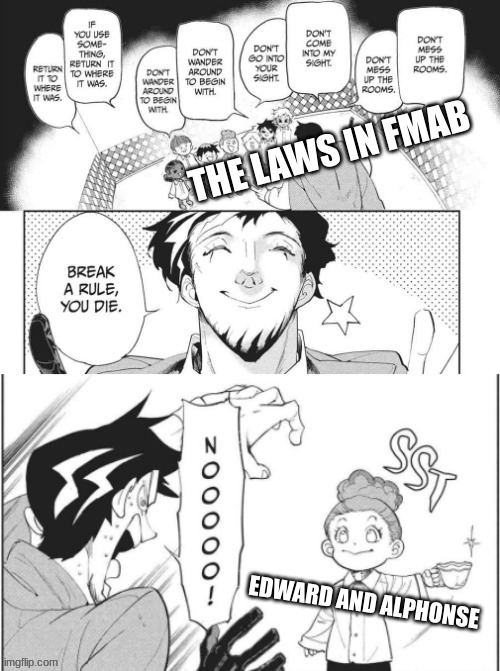 fullmetal alchemist | THE LAWS IN FMAB; EDWARD AND ALPHONSE | image tagged in yugo telling his kids not to break rules,anime,fma,fullmetal alchemist | made w/ Imgflip meme maker