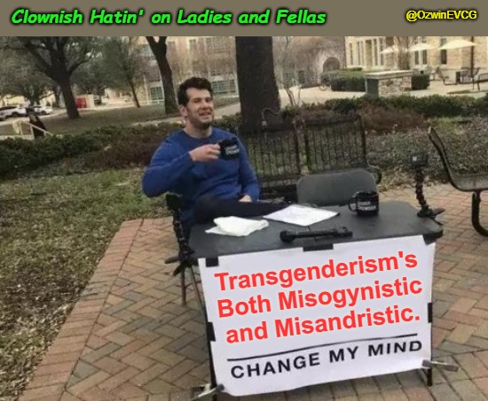 Clownish Hatin' on Ladies and Fellas | @OzwinEVCG; Clownish Hatin' on Ladies and Fellas; Transgenderism's Both Misogynistic  and Misandristic. | image tagged in change my mind,misogyny,transgenderism,misandry,clown world,transgender industrial complex | made w/ Imgflip meme maker