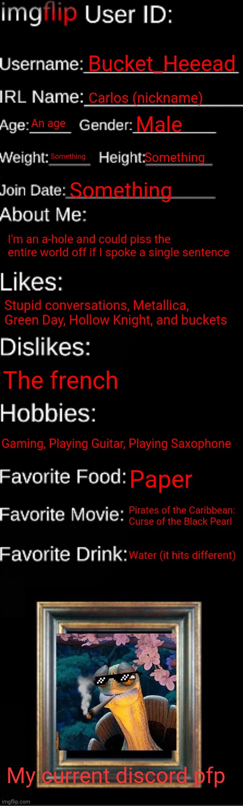 I have returned so I made this again | Bucket_Heeead; Carlos (nickname); An age; Male; Something; Something; Something; I'm an a-hole and could piss the entire world off if I spoke a single sentence; Stupid conversations, Metallica, Green Day, Hollow Knight, and buckets; The french; Gaming, Playing Guitar, Playing Saxophone; Paper; Pirates of the Caribbean: Curse of the Black Pearl; Water (it hits different); My current discord pfp | image tagged in imgflip id card | made w/ Imgflip meme maker