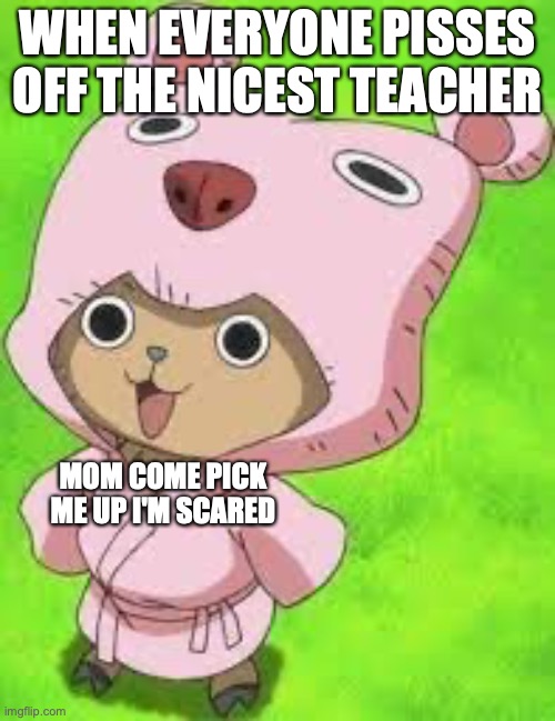 Chopper in bathrobe | WHEN EVERYONE PISSES OFF THE NICEST TEACHER; MOM COME PICK ME UP I'M SCARED | image tagged in chopper in bathrobe | made w/ Imgflip meme maker