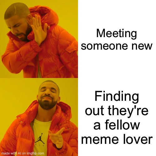 Drake Hotline Bling | Meeting someone new; Finding out they're a fellow meme lover | image tagged in memes,drake hotline bling,ai meme,chatgpt | made w/ Imgflip meme maker