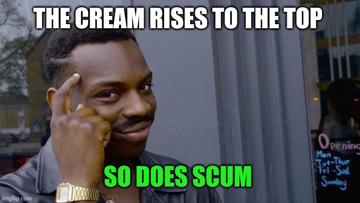 Scumsoft word | THE CREAM RISES TO THE TOP; SO DOES SCUM | image tagged in memes,roll safe think about it | made w/ Imgflip meme maker