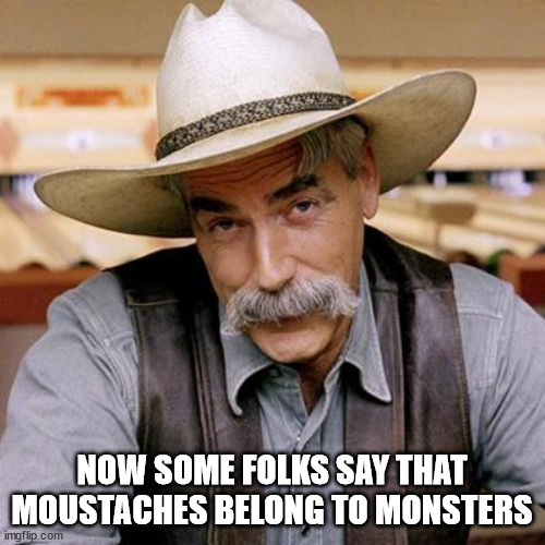 SARCASM COWBOY | NOW SOME FOLKS SAY THAT MOUSTACHES BELONG TO MONSTERS | image tagged in sarcasm cowboy | made w/ Imgflip meme maker