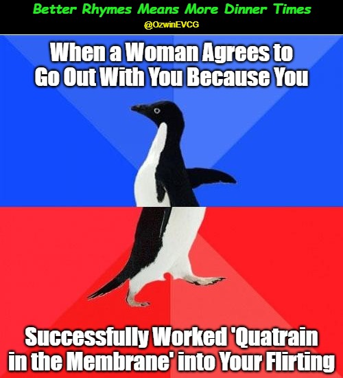 Better Rhymes Means More Dinner Times | Better Rhymes Means More Dinner Times; @OzwinEVCG; When a Woman Agrees to Go Out With You Because You; Successfully Worked 'Quatrain in the Membrane' into Your Flirting | image tagged in she said yes,awkward socially awesome penguin,dating humor,poetry,hip hop,dank flirts | made w/ Imgflip meme maker