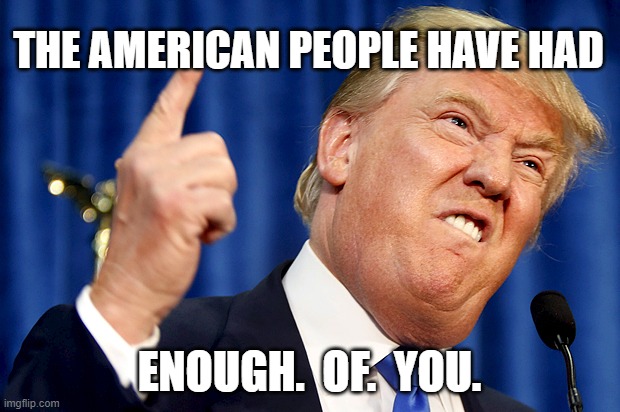 Donald Trump | THE AMERICAN PEOPLE HAVE HAD; ENOUGH.  OF.  YOU. | image tagged in donald trump | made w/ Imgflip meme maker