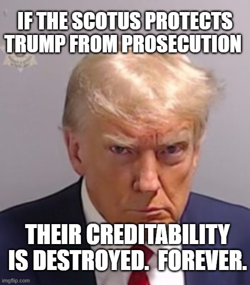 Donald Trump Mugshot | IF THE SCOTUS PROTECTS TRUMP FROM PROSECUTION; THEIR CREDITABILITY IS DESTROYED.  FOREVER. | image tagged in donald trump mugshot | made w/ Imgflip meme maker