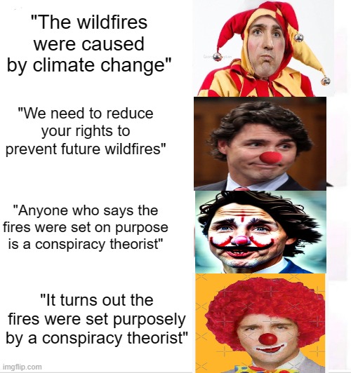 Trudeau gaslighting in the clown world | "The wildfires were caused by climate change"; "We need to reduce your rights to prevent future wildfires"; "Anyone who says the fires were set on purpose is a conspiracy theorist"; "It turns out the fires were set purposely by a conspiracy theorist" | image tagged in memes,clown applying makeup,canada,justin trudeau,clown | made w/ Imgflip meme maker