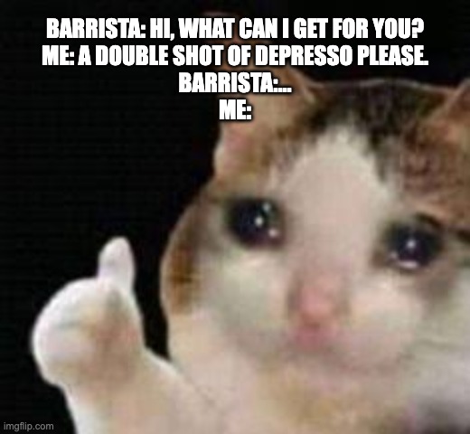 Double shot of depresso | BARRISTA: HI, WHAT CAN I GET FOR YOU?
ME: A DOUBLE SHOT OF DEPRESSO PLEASE.
BARRISTA:...
ME: | image tagged in approved crying cat | made w/ Imgflip meme maker