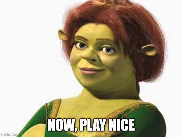 Princess Fiona | NOW, PLAY NICE | image tagged in princess fiona | made w/ Imgflip meme maker