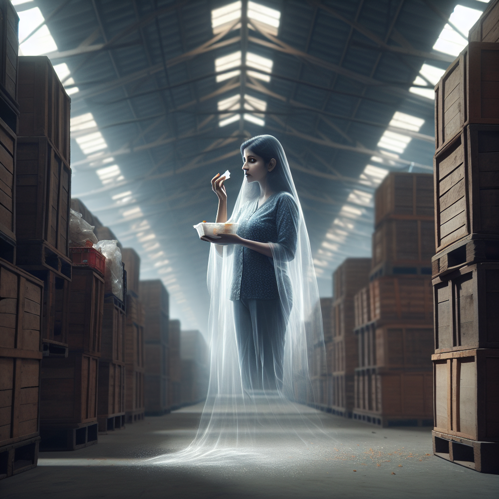 women ghost eating a snack in a warehouse Blank Meme Template