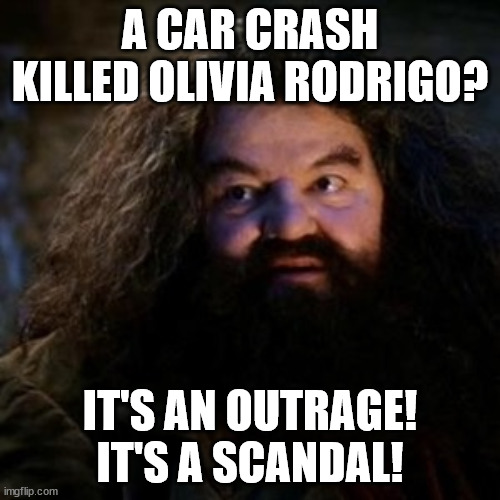 A car crash killed Olivia Rodrigo? | A CAR CRASH KILLED OLIVIA RODRIGO? IT'S AN OUTRAGE! IT'S A SCANDAL! | image tagged in you're a wizard harry,olivia rodrigo,car crash,it's an outrage,it's a scandal | made w/ Imgflip meme maker