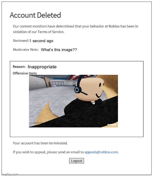 A dumb Roblox ban | 1 second ago; What’s this image?? Inappropriate | image tagged in banned from roblox | made w/ Imgflip meme maker