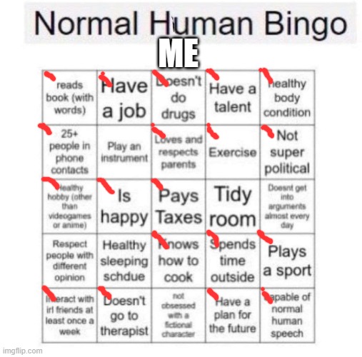 why not | ME | image tagged in normal human bingo | made w/ Imgflip meme maker