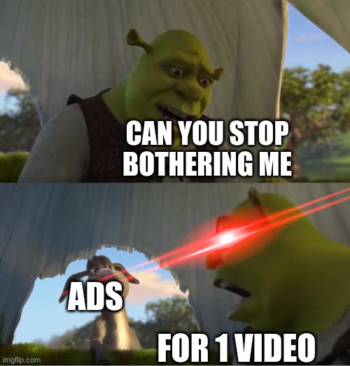 it feels true | CAN YOU STOP BOTHERING ME; ADS; FOR 1 VIDEO | image tagged in shrek for five minutes | made w/ Imgflip meme maker