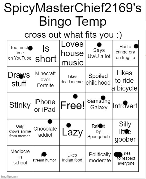 SpicyMasterChief2169's Bingo Temp | image tagged in spicymasterchief2169's bingo temp | made w/ Imgflip meme maker