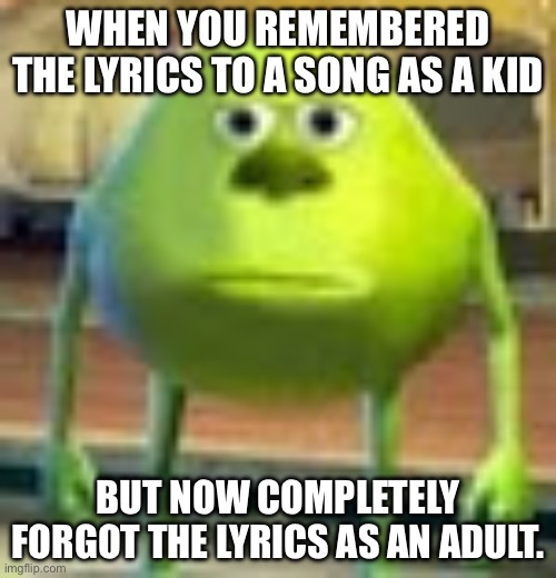 Is this anyone? | WHEN YOU REMEMBERED THE LYRICS TO A SONG AS A KID; BUT NOW COMPLETELY FORGOT THE LYRICS AS AN ADULT. | image tagged in sully wazowski | made w/ Imgflip meme maker